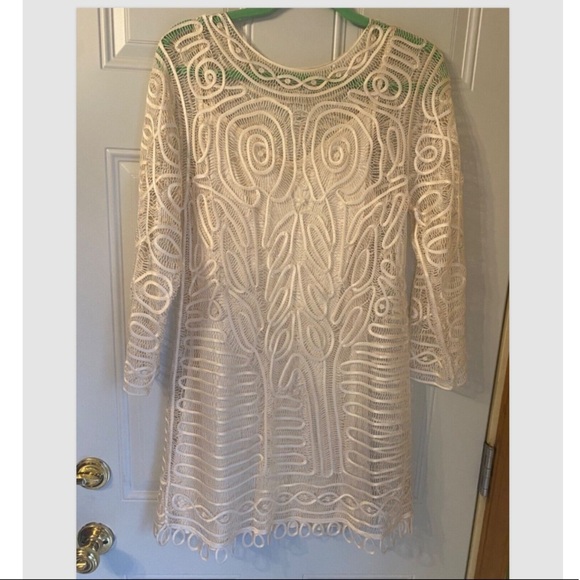 Cream Lace Overlay Dress Lined Boho Chic Size S Crochet Look Looped Hem - Picture 2 of 8